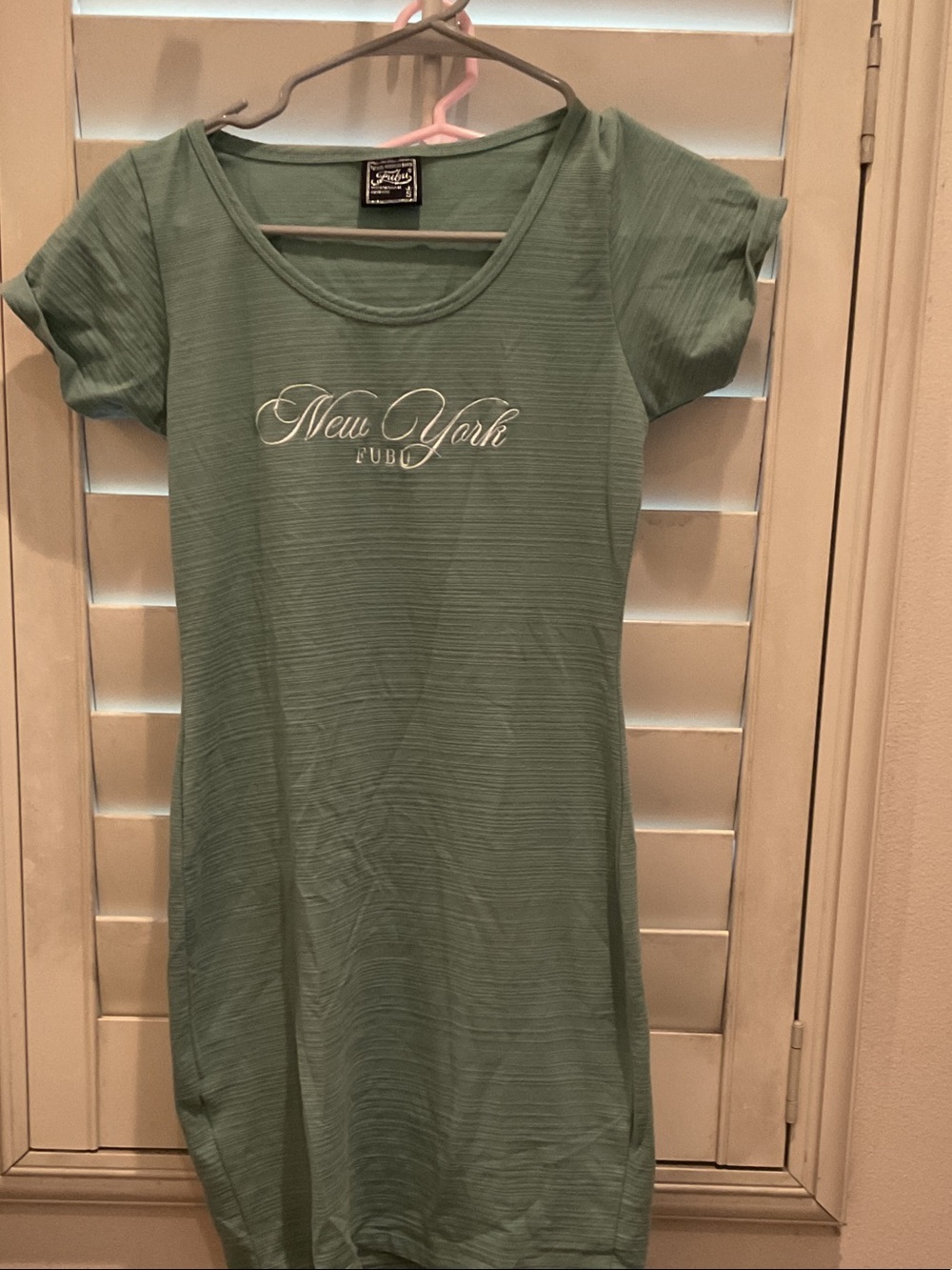 FUBU Sage Green Short Sleeve Midi Dress with 'New York' Script